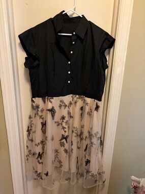 Women's Retro Black and Cream Butterfly Embroidered Dress